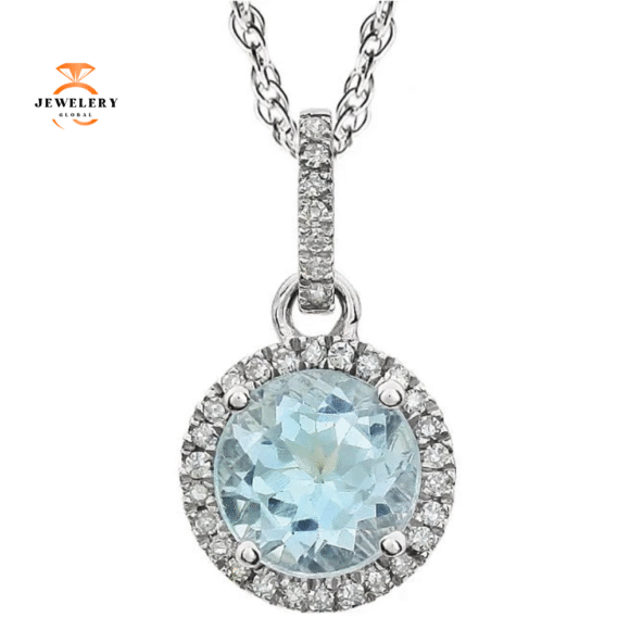 14KT WHITE GOLD 1.55 CT BLUE TOPAZ & 0.10 CTW DIAMOND HALO PENDANT