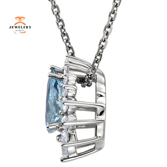 14KT WHITE GOLD AQUAMARINE & 1/3 CTW DIAMOND 18" NECKLACE - Image 2