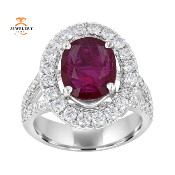 18KT GOLD 3.03 CT RUBY & 1.65 CTW DIAMOND OVAL HALO RING