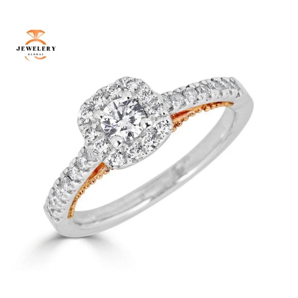 JULEVE 14KT GOLD 0.50 CTW DIAMOND CUSHION HALO CATHEDRAL RING