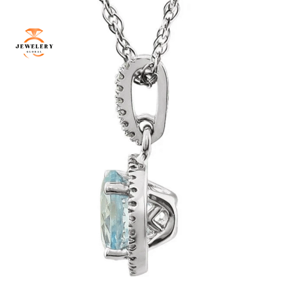 14KT WHITE GOLD 1.55 CT BLUE TOPAZ & 0.10 CTW DIAMOND HALO PENDANT - Image 2