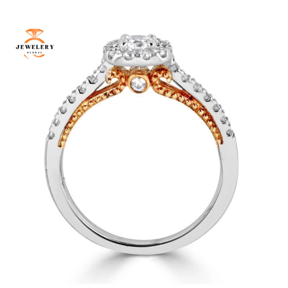 JULEVE 14KT GOLD 0.50 CTW DIAMOND CUSHION HALO CATHEDRAL RING - Image 2