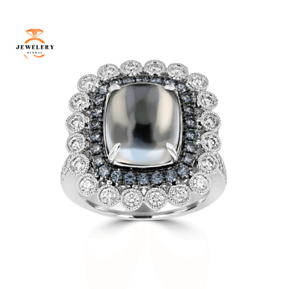 JULEVE 18KT WHITE GOLD MOONSTONE, GARNET, AND DIAMOND HALO RING