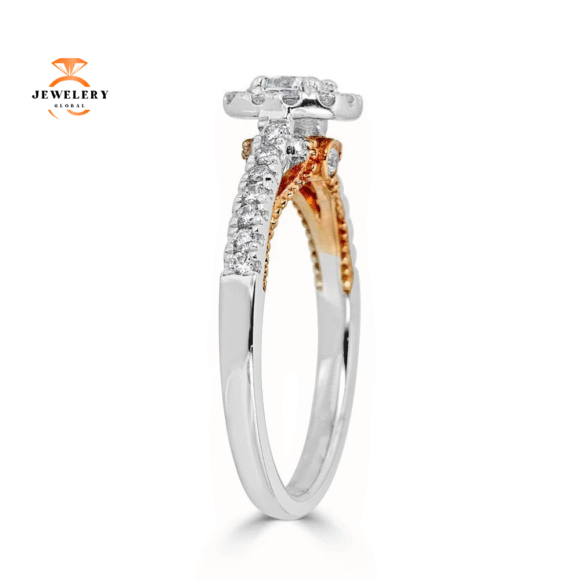 JULEVE 14KT GOLD 0.50 CTW DIAMOND CUSHION HALO CATHEDRAL RING - Image 3