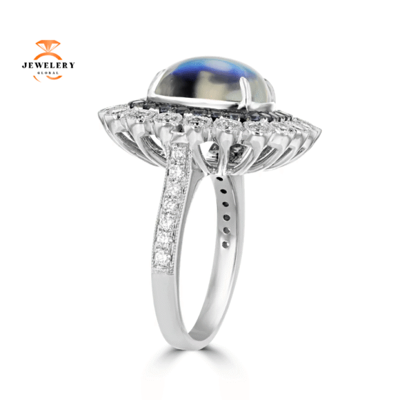 JULEVE 18KT WHITE GOLD MOONSTONE, GARNET, AND DIAMOND HALO RING - Image 2
