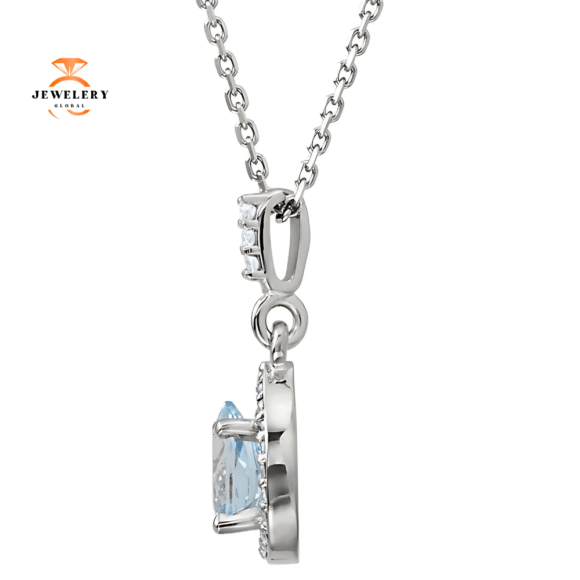 14KT WHITE GOLD AQUAMARINE & DIAMOND 18" NECKLACE - Image 2
