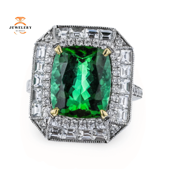 JULEVE 18KT WHITE GOLD 4.98CT TOURMALINE & 1.51CTW DIAMOND HALO RING