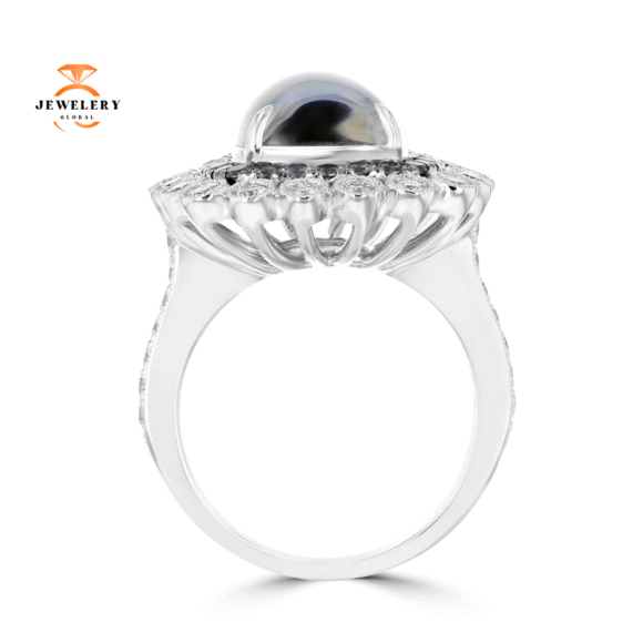 JULEVE 18KT WHITE GOLD MOONSTONE, GARNET, AND DIAMOND HALO RING - Image 3