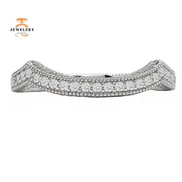 14KT White Gold 1/8 CTW Diamond Curved Vintage Wedding Band - Image 2