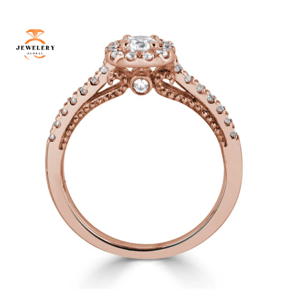 JULEVE 14KT GOLD 0.50 CTW DIAMOND CUSHION HALO CATHEDRAL RING - Image 5
