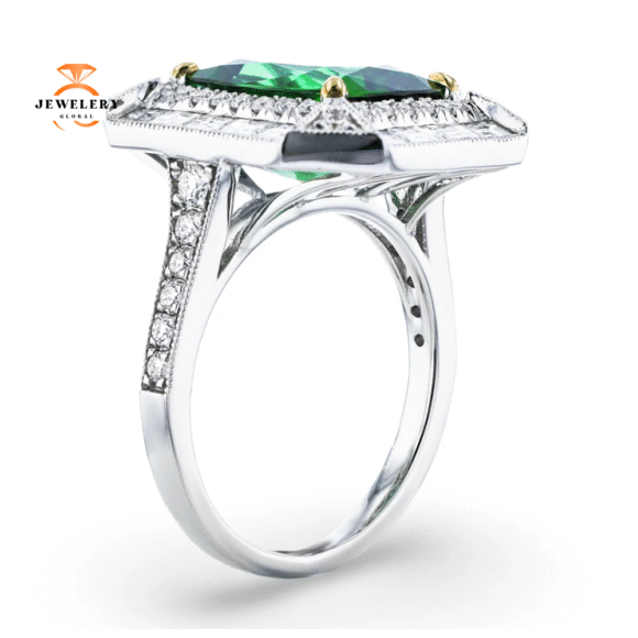JULEVE 18KT WHITE GOLD 4.98CT TOURMALINE & 1.51CTW DIAMOND HALO RING - Image 2