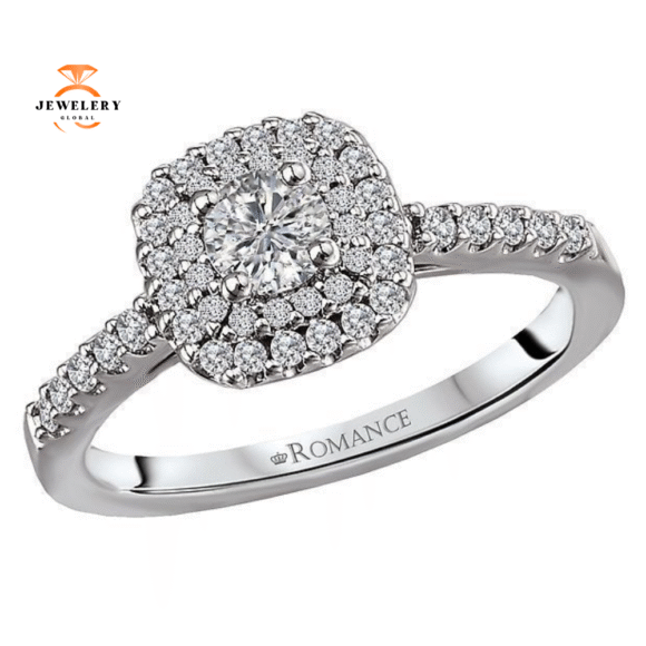 14KT WHITE GOLD 1/2 CTW ROUND DIAMOND DOUBLE CUSHION HALO RING