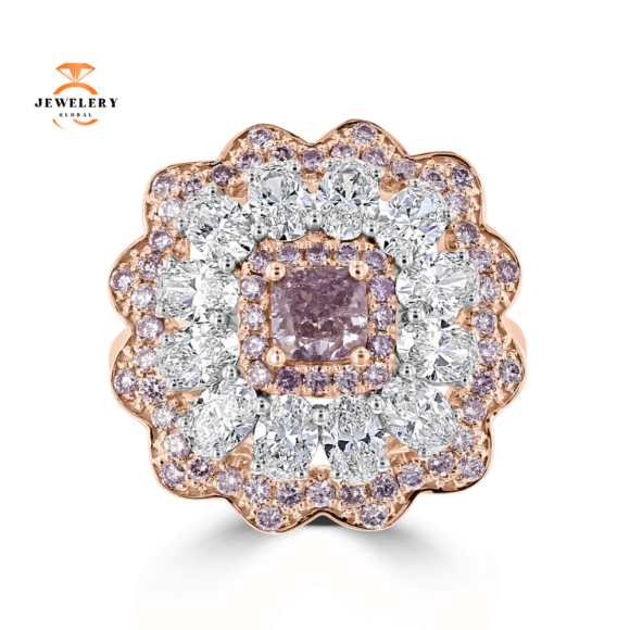 JULEVE 3.55 CARAT TOTAL WEIGHT FANCY PURPLE PINK CENTER WITH WHITE & PINK DIAMOND HALO RING