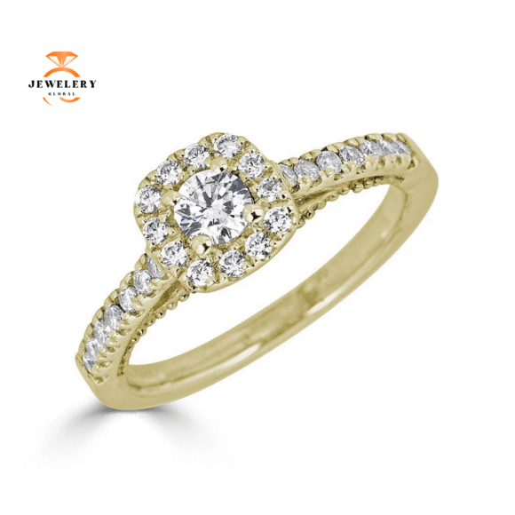 JULEVE 14KT GOLD 0.50 CTW DIAMOND CUSHION HALO CATHEDRAL RING - Image 7