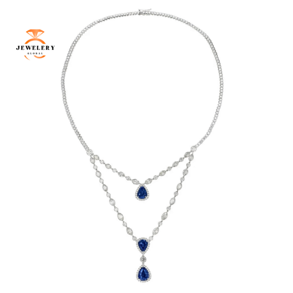 JULEVE 18KT WHITE GOLD PEAR SHAPE SAPPHIRE & DIAMOND NECKLACE- SOLD - Image 2