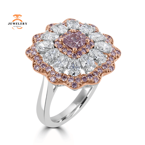 JULEVE 3.55 CARAT TOTAL WEIGHT FANCY PURPLE PINK CENTER WITH WHITE & PINK DIAMOND HALO RING - Image 2