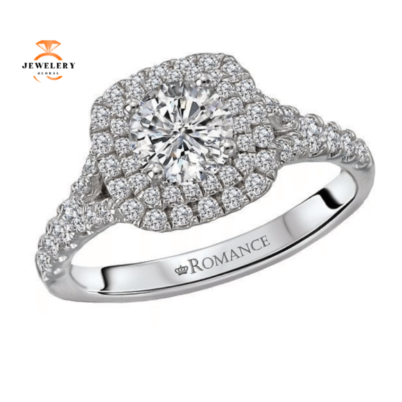 14KT WHITE GOLD 1/2 CTW DIAMOND DOUBLE CUSHION HALO SETTING FOR 3/4 CARAT ROUND