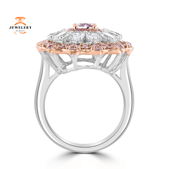 JULEVE 3.55 CARAT TOTAL WEIGHT FANCY PURPLE PINK CENTER WITH WHITE & PINK DIAMOND HALO RING - Image 3