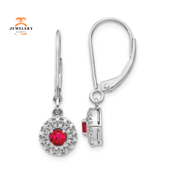 14KT WHITE GOLD DIAMOND HALO RUBY LEVERBACK DANGLE EARRINGS