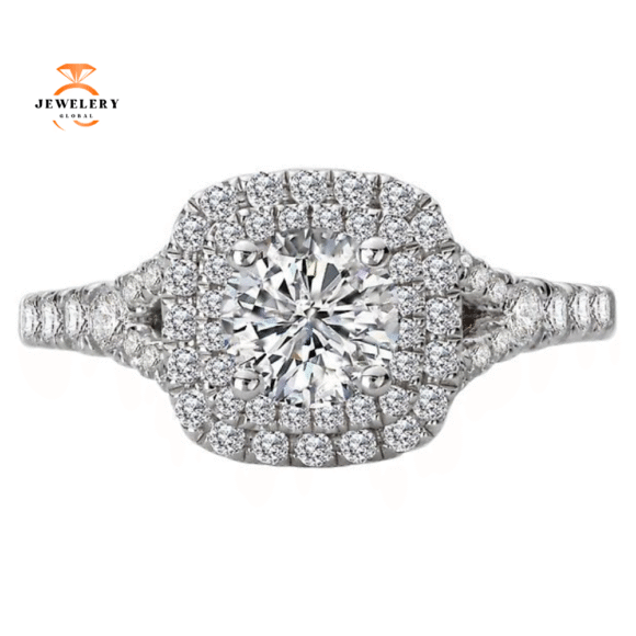 14KT WHITE GOLD 1/2 CTW DIAMOND DOUBLE CUSHION HALO SETTING FOR 3/4 CARAT ROUND - Image 3