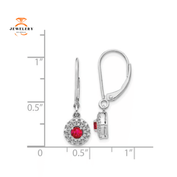 14KT WHITE GOLD DIAMOND HALO RUBY LEVERBACK DANGLE EARRINGS - Image 2