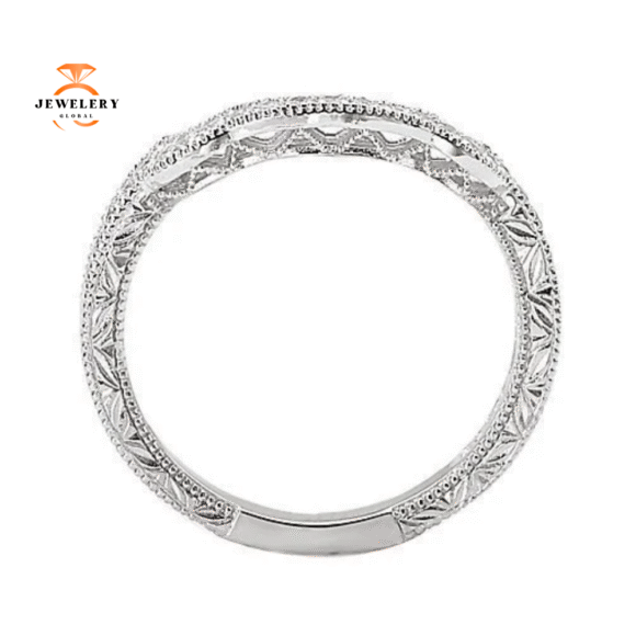 14KT WHITE GOLD 1/7 CTW DIAMOND CURVED MILGRAIN WEDDING BAND - Image 3