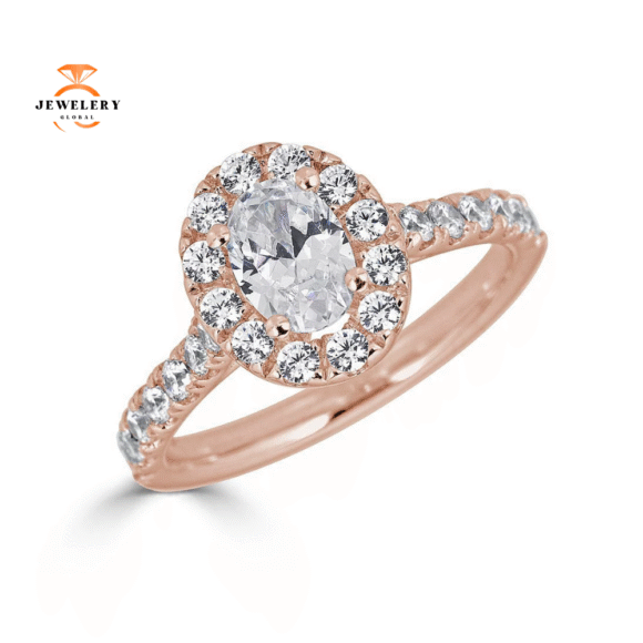 JULEVE 14KT GOLD 1.50 CTW DIAMOND OVAL HALO CATHEDRAL RING - Image 5