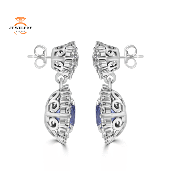 JULEVE 3.80 CTW SAPPHIRE & 1.90 CTW DIAMOND HALO DROP EARRINGS - Image 2