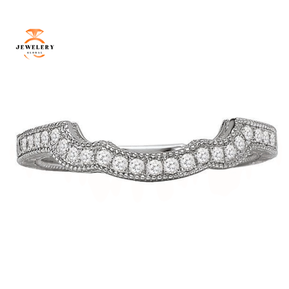 14KT WHITE GOLD 1/7 CTW DIAMOND CURVED MILGRAIN WEDDING BAND - Image 2