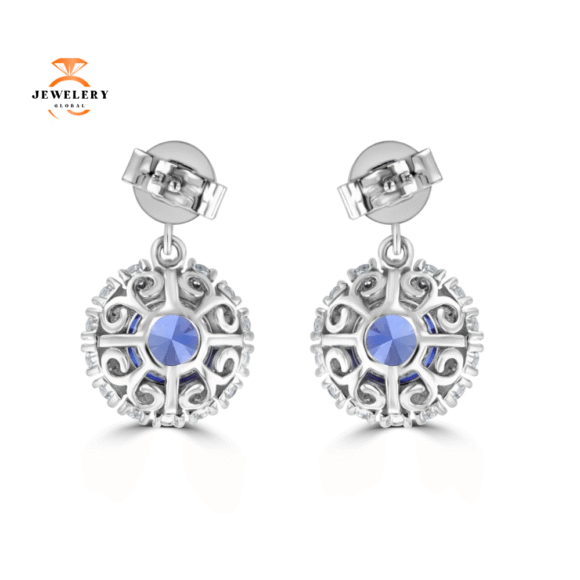 JULEVE 3.80 CTW SAPPHIRE & 1.90 CTW DIAMOND HALO DROP EARRINGS - Image 3