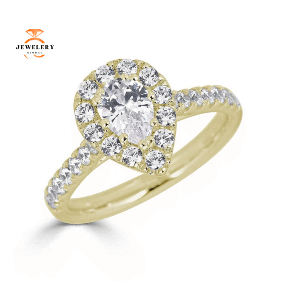 JULEVE 14KT GOLD 1.50 CTW DIAMOND PEAR HALO CATHEDRAL RING