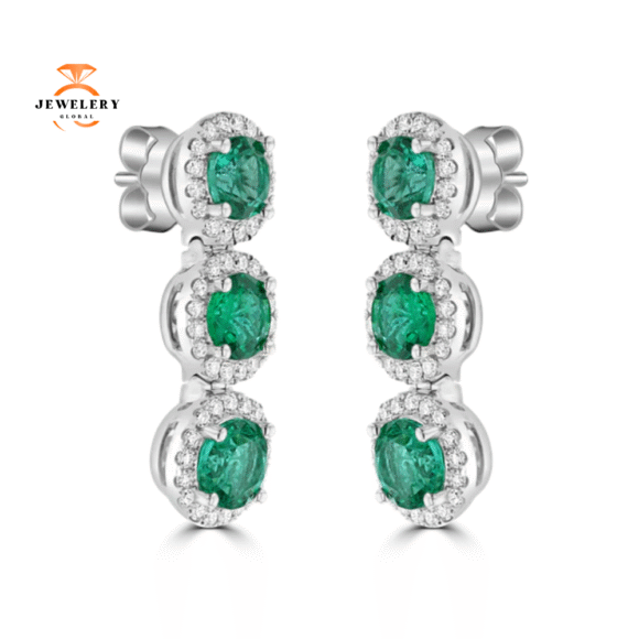 JULEVE 18KT WHITE GOLD 5.03CT EMERALD & 1.05CTW DIAMOND HALO DROP EARRINGS - Image 2