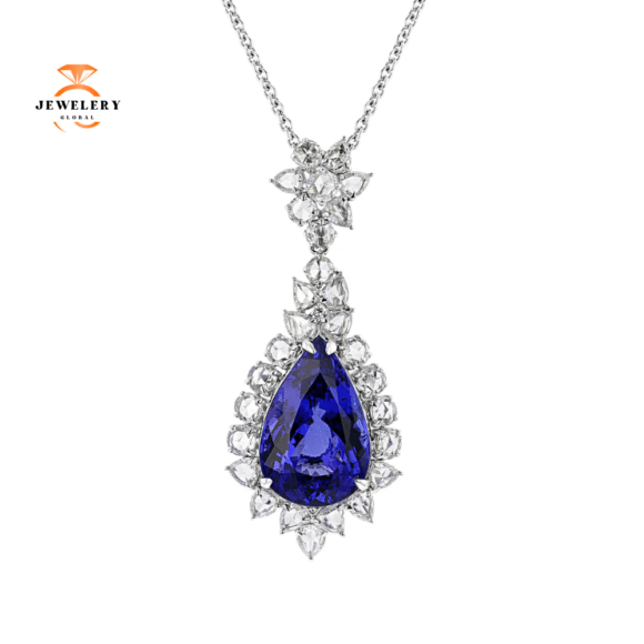 JULEVE 32.32 CARAT TANZANITE & 8.85 CTW DIAMOND HALO SLIDE NECKLACE