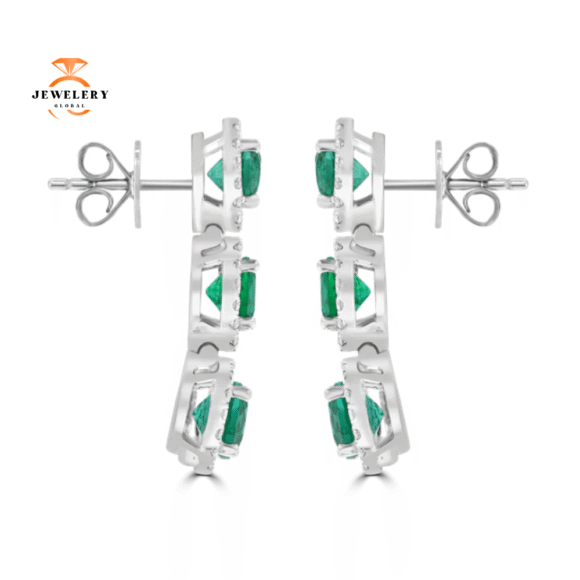 JULEVE 18KT WHITE GOLD 5.03CT EMERALD & 1.05CTW DIAMOND HALO DROP EARRINGS - Image 3