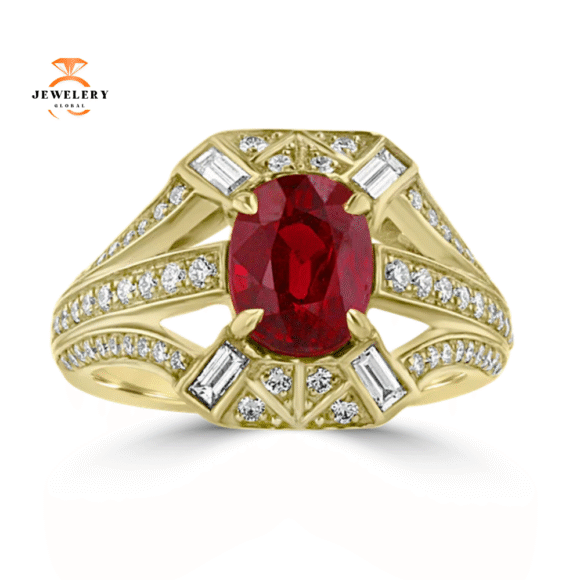 JULEVE 18KT YELLOW GOLD 2.49CT RUBY & 0.65CT DIAMOND HALO RING