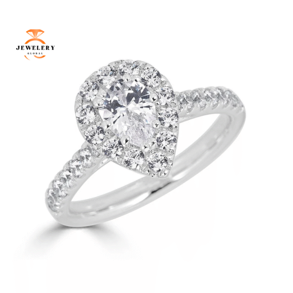 JULEVE 14KT GOLD 1.50 CTW DIAMOND PEAR HALO CATHEDRAL RING - Image 3