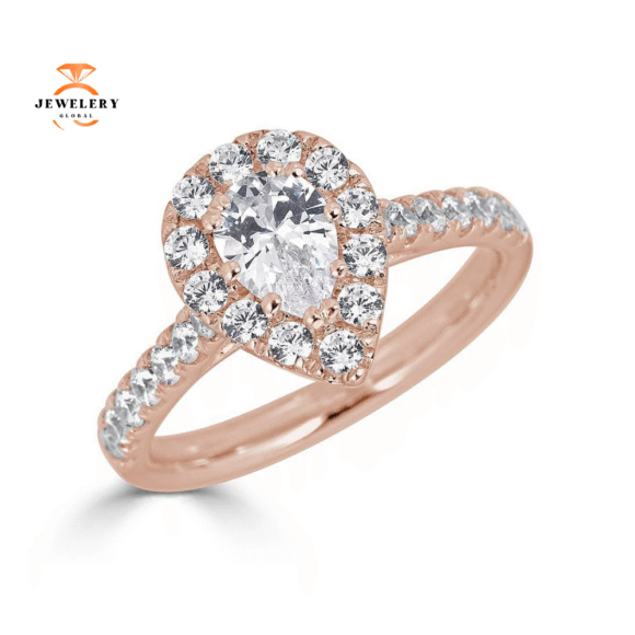 JULEVE 14KT GOLD 1.50 CTW DIAMOND PEAR HALO CATHEDRAL RING - Image 5