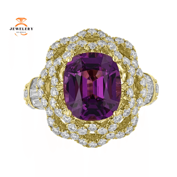 JULEVE 4.26 CT GARNET & 2.43 CTW DIAMOND SCALLOPED HALO RING